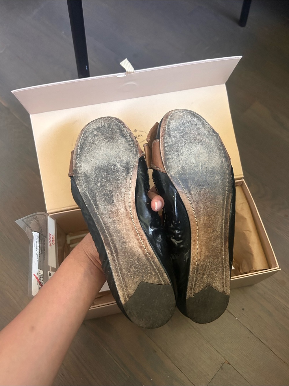 Prada Black Leather Ballet Flats with Tan Bow Accent - Picture 4 of 5